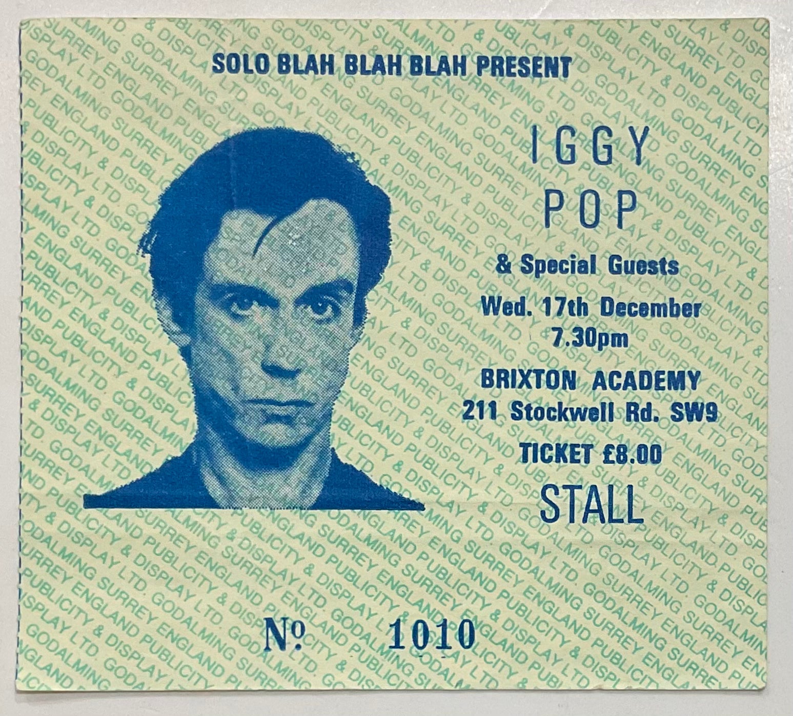 Iggy Pop Original Used Concert Ticket Brixton Academy London 17th Dec 1986