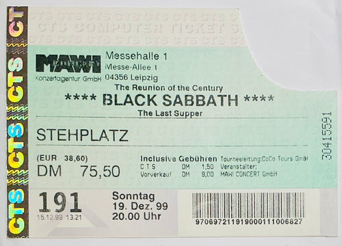 Black Sabbath Original Used Concert Ticket Messehalle Leipzig 19th Dec 1999
