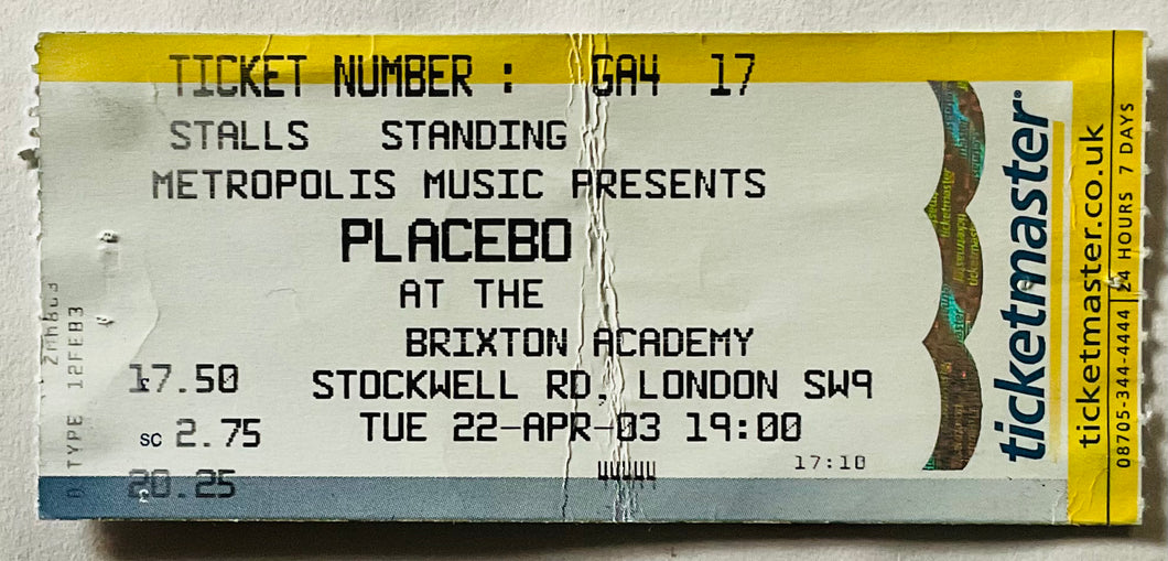 Placebo Original Used Concert Ticket Brixton Academy London 22nd Apr 2003