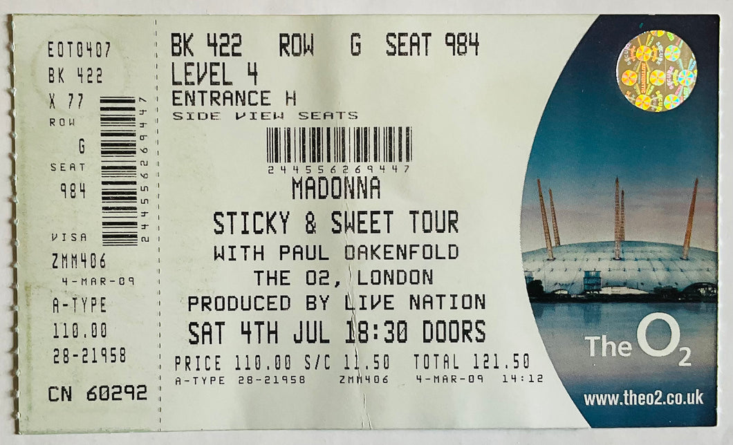 Madonna Original Unused Concert Ticket O2 Arena London 4th Jul 2009
