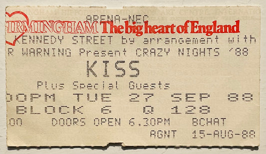 Kiss Original Used Concert Ticket NEC Arena Birmingham 27th Sep 1988