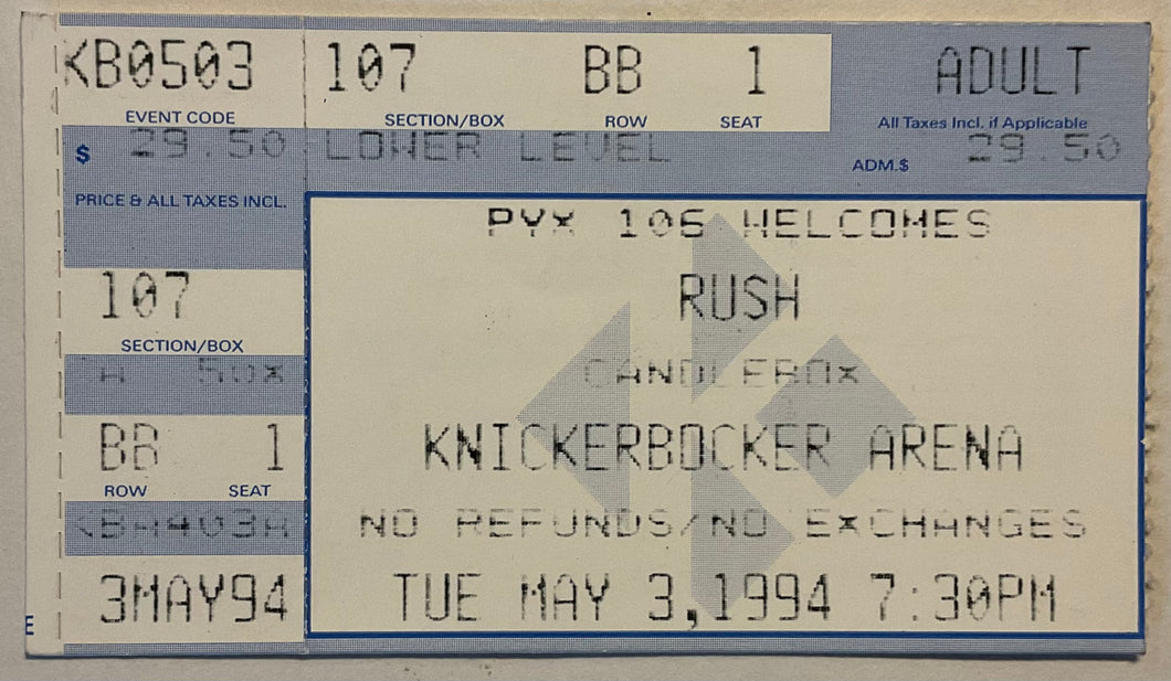 Rush Original Concert Ticket Knickerbocker Arena Albany 3rd May 1994