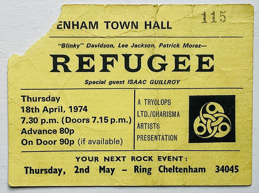 Refugee Original Used Concert Ticket Cheltenham Free Hall 18th Apr 1974