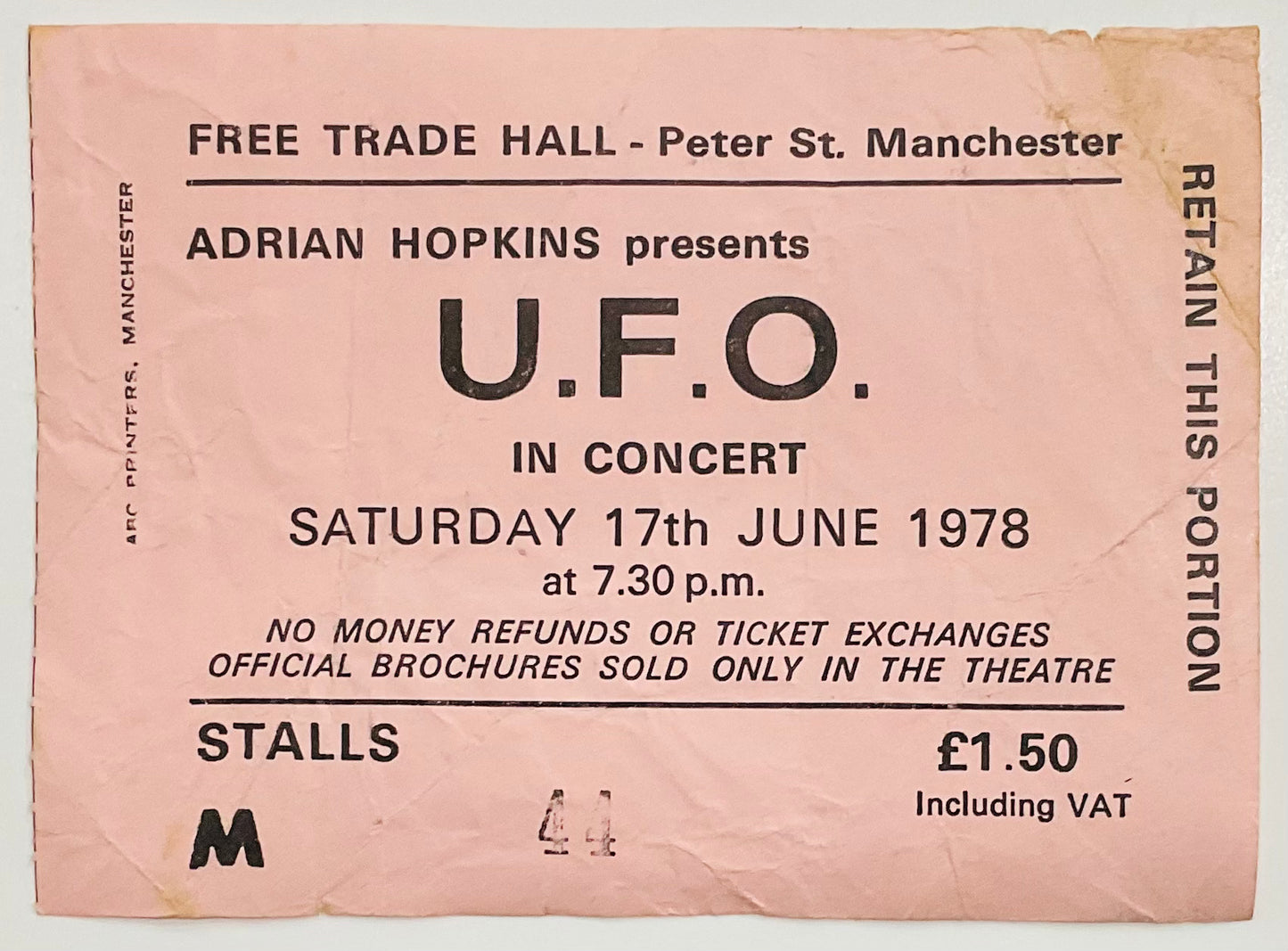 UFO U.F.O. Original Used Concert Ticket Free Trade Hall Manchester 17th Jun 1978