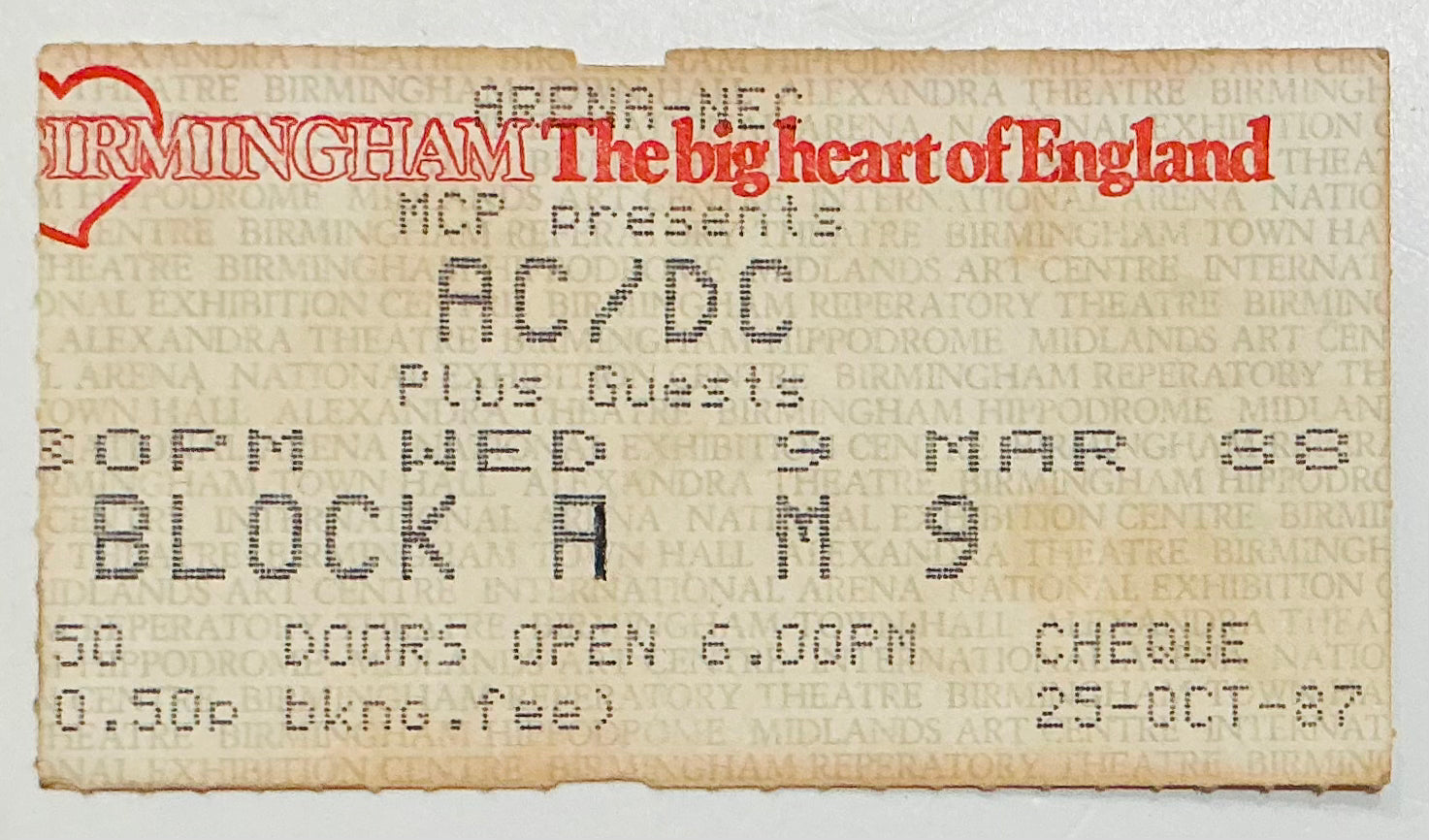 AC/DC Original Used Concert Ticket NEC Birmingham 9th March 1988