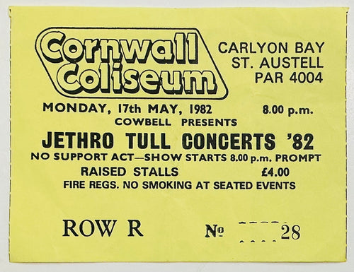 Jethro Tull Original Used Concert Ticket Cornwall Coliseum St. Austell 17th May 1982