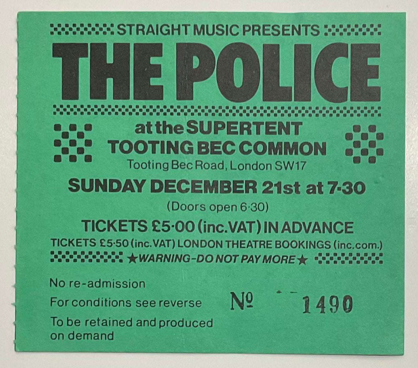 Police Original Used Concert Ticket Tooting Bec Common London 21st Dec 1980