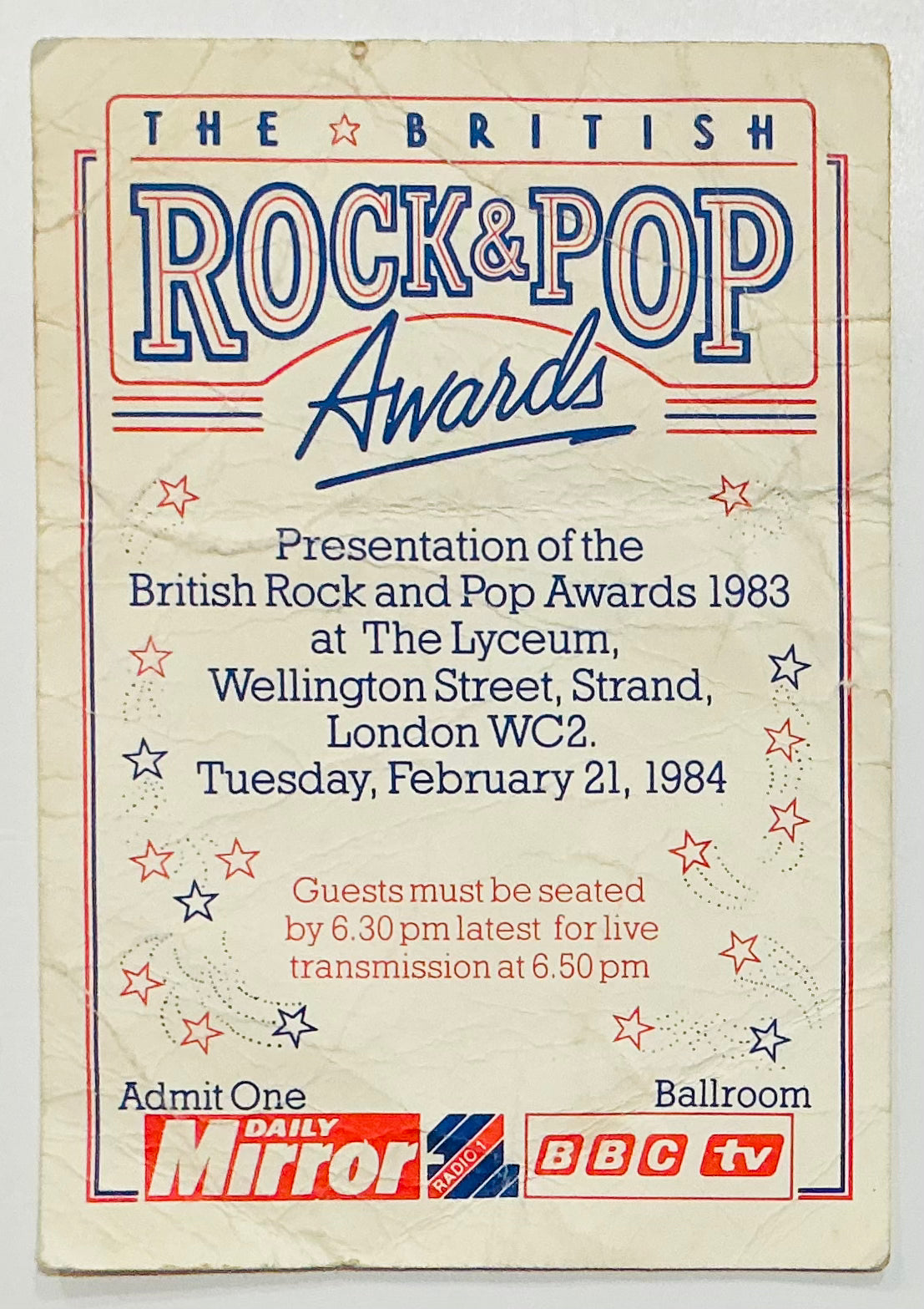 Beatles Paul McCartney Original Invitation Ticket British Rock & Pop Awards Lyceum London 21st Feb 1984