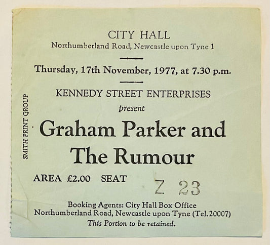 Graham Parker Original Used Concert Ticket City Hall Newcastle 17th Nov 1977