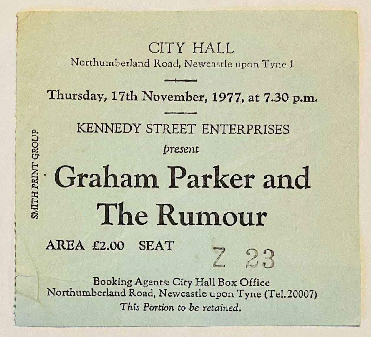 Graham Parker Original Used Concert Ticket City Hall Newcastle 17th Nov 1977