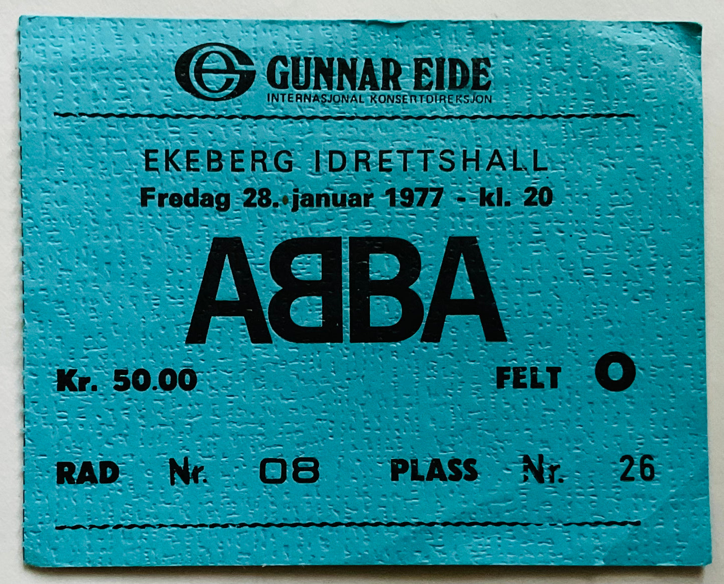 ABBA Original Used Concert Ticket Idrettshall Ekeberg 28th Jan 1977