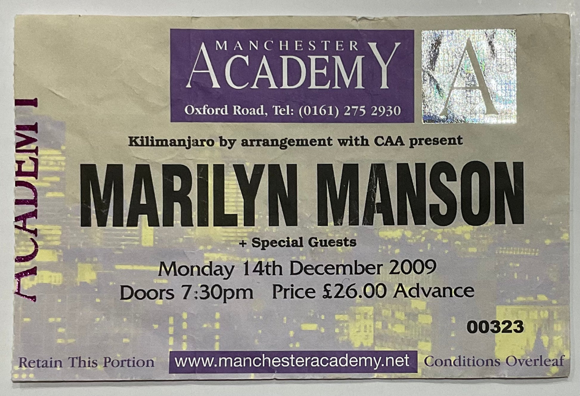 Marilyn Manson Original Used Concert Ticket Manchester Academy 14th Dec 2009