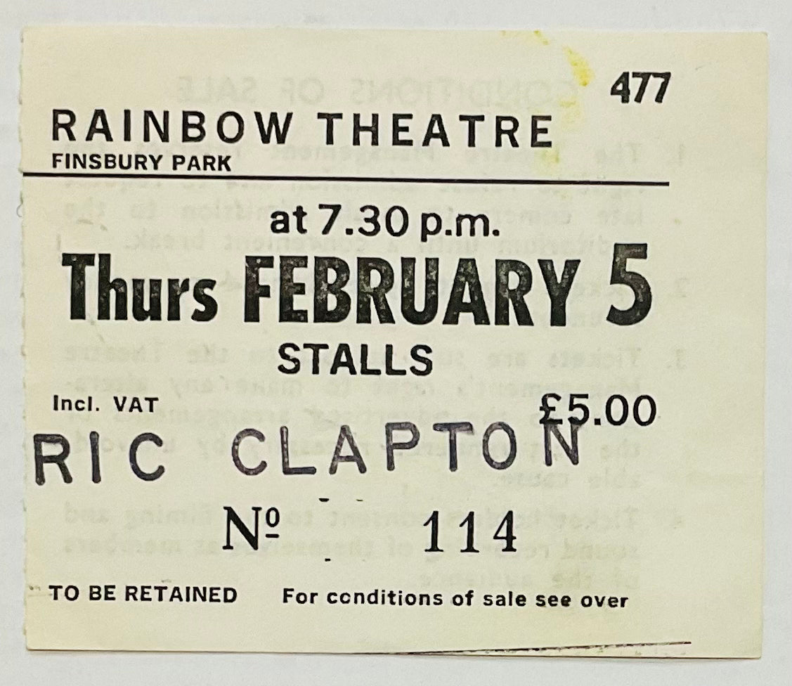 Eric Clapton Original Used Concert Ticket Rainbow Theatre London 5th Feb 1981