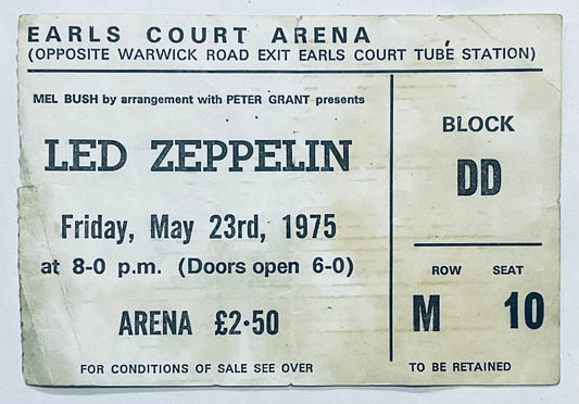 Led Zeppelin Original Used Concert Ticket Earls Court Arena London 23rd May 1975