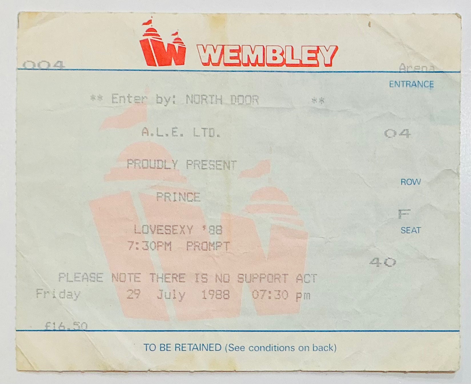 Prince Original Used Concert Ticket Wembley Arena London 29th July 1988