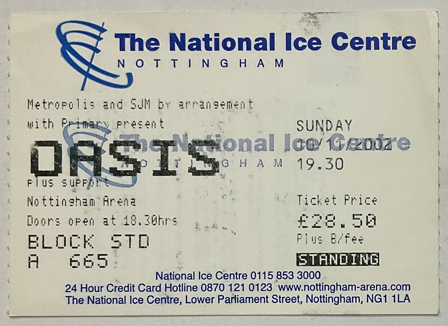 Oasis Original Used Concert Ticket National Ice Centre Nottingham 10th Nov 2002