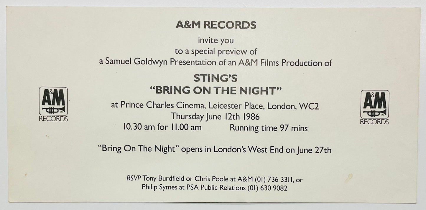 Police Sting Bring on the Night Original Preview Invitation Ticket Leicester Square London 12th Jun 1986