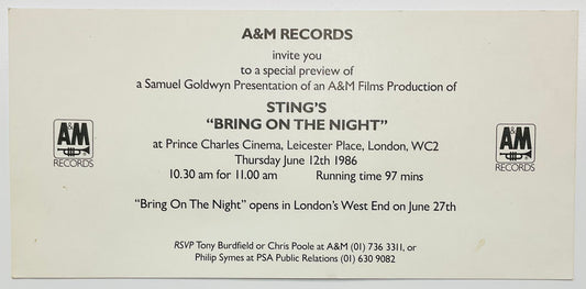 Police Sting Bring on the Night Original Preview Invitation Ticket Leicester Square London 12th Jun 1986