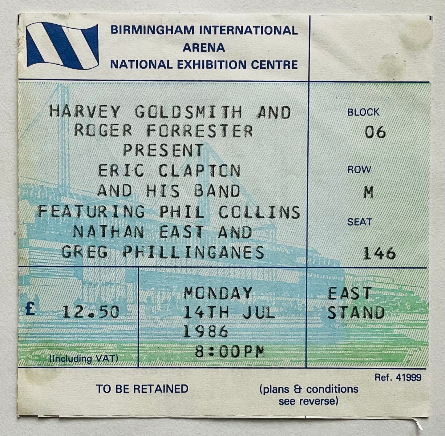 Eric Clapton Phil Collins Original Used Concert Ticket NEC Arena Birmingham 14th Jul 1986