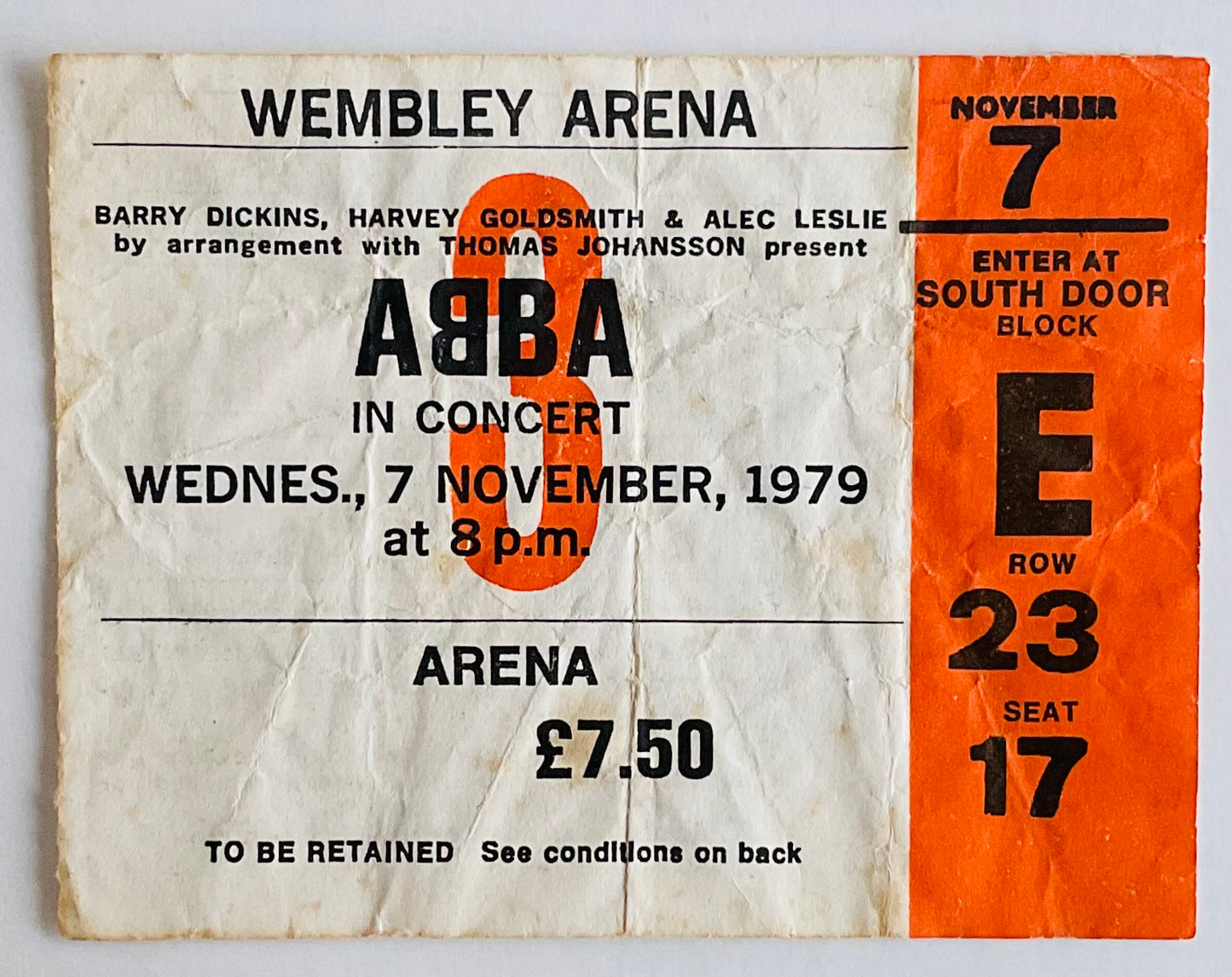 ABBA Original Used Concert Ticket Wembley Arena London 7th Nov 1979