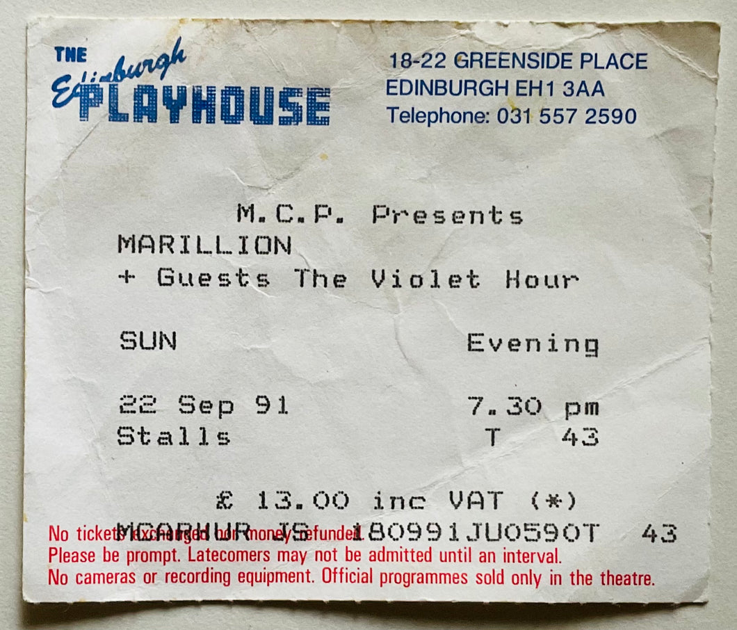 Marillion Original Used Concert Ticket Edinburgh Playhouse 22nd Sep 1991