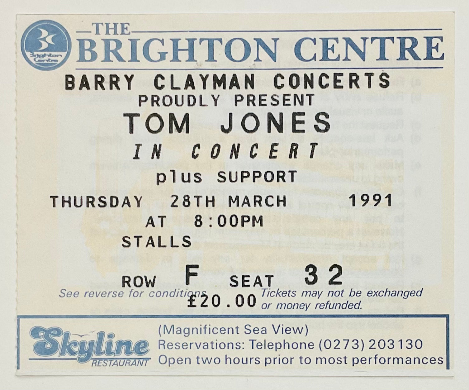 Tom Jones Original Used Concert Ticket Brighton Centre Brighton 1991