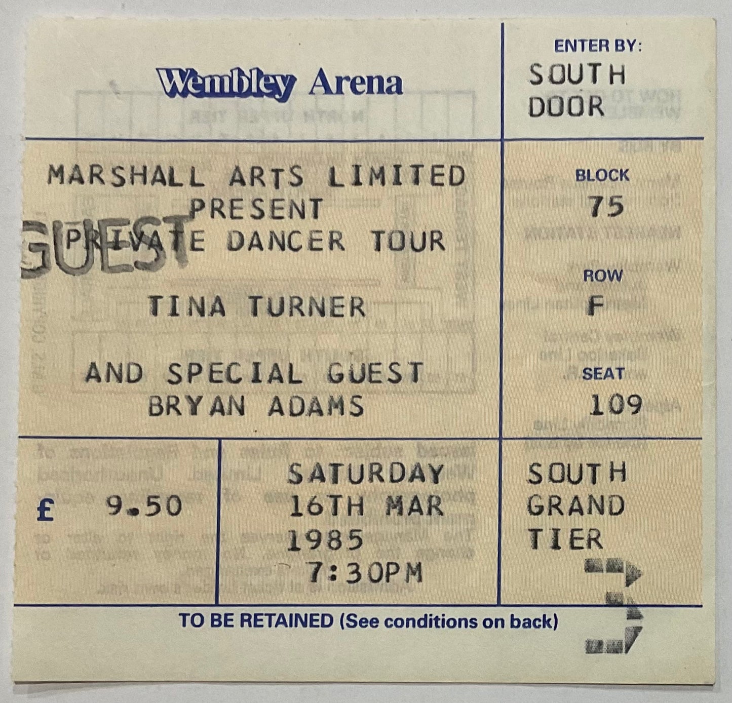 Tina Turner Original Used Concert Ticket Wembley Arena London 16th Mar 1985