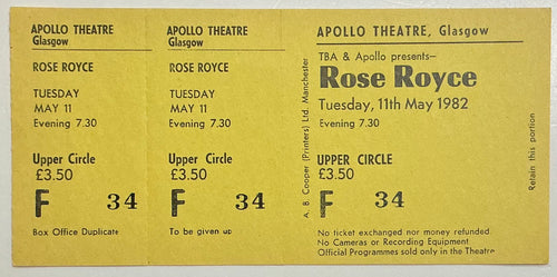 Rose Royce Original Unused Concert Ticket Apollo Theatre Glasgow 11th May 1982