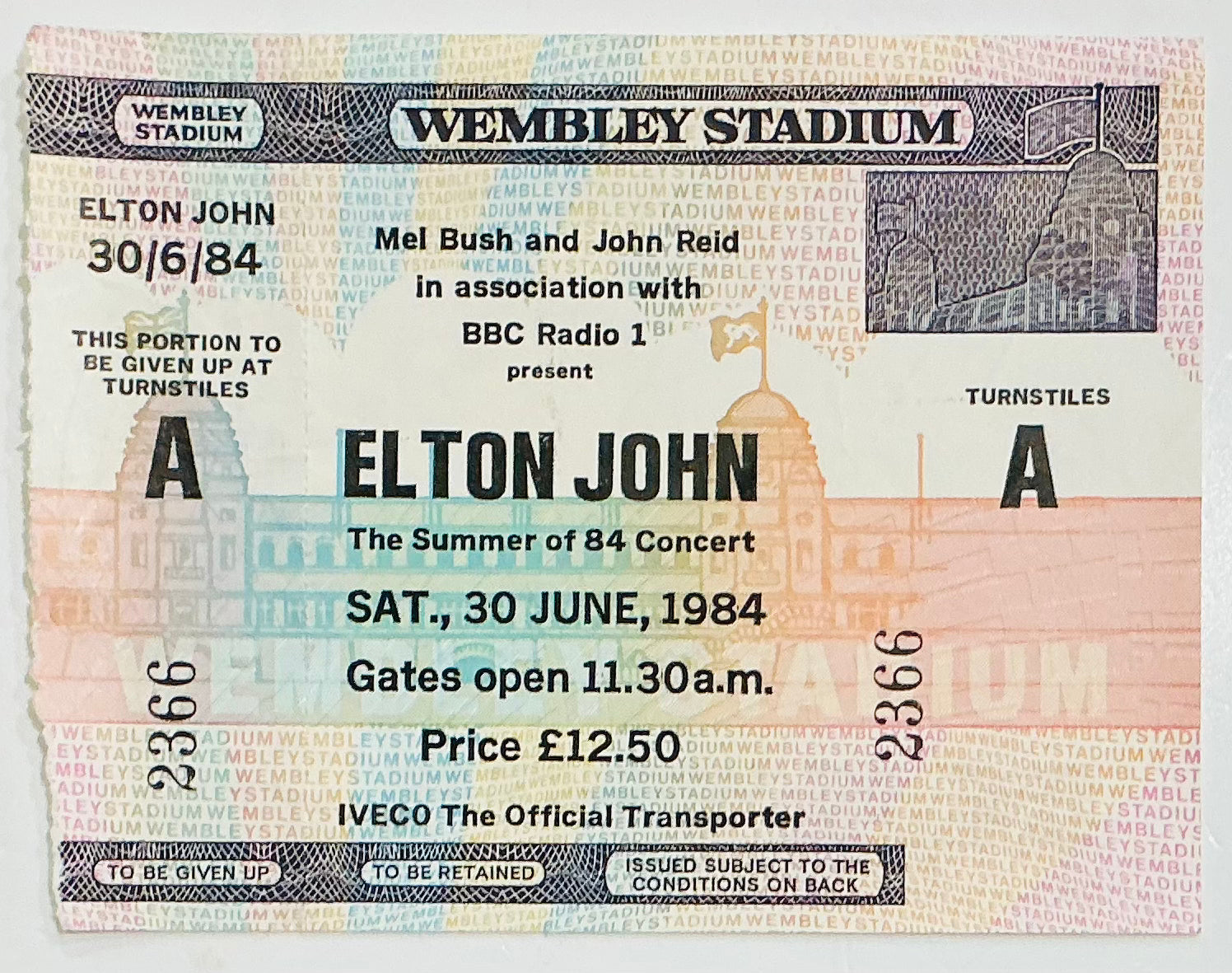 Elton John Original Unused Concert Ticket Wembley Stadium London 30th Jun 1984