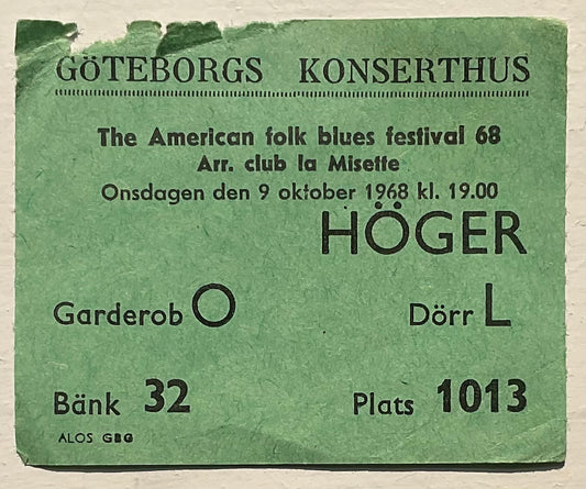 John Lee Hooker T Bone Walker Original Used Concert Ticket Konserthus Gothenburg 9th Oct 1968