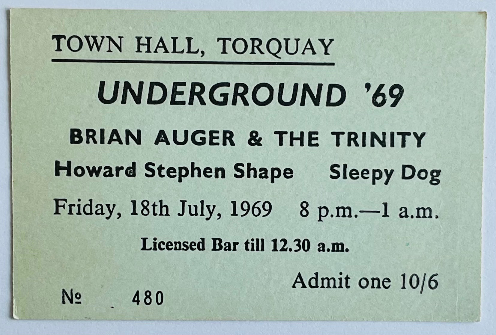 Brian Auger & The Trinity Original Concert Ticket Town Hall Torquay 18th July 1969