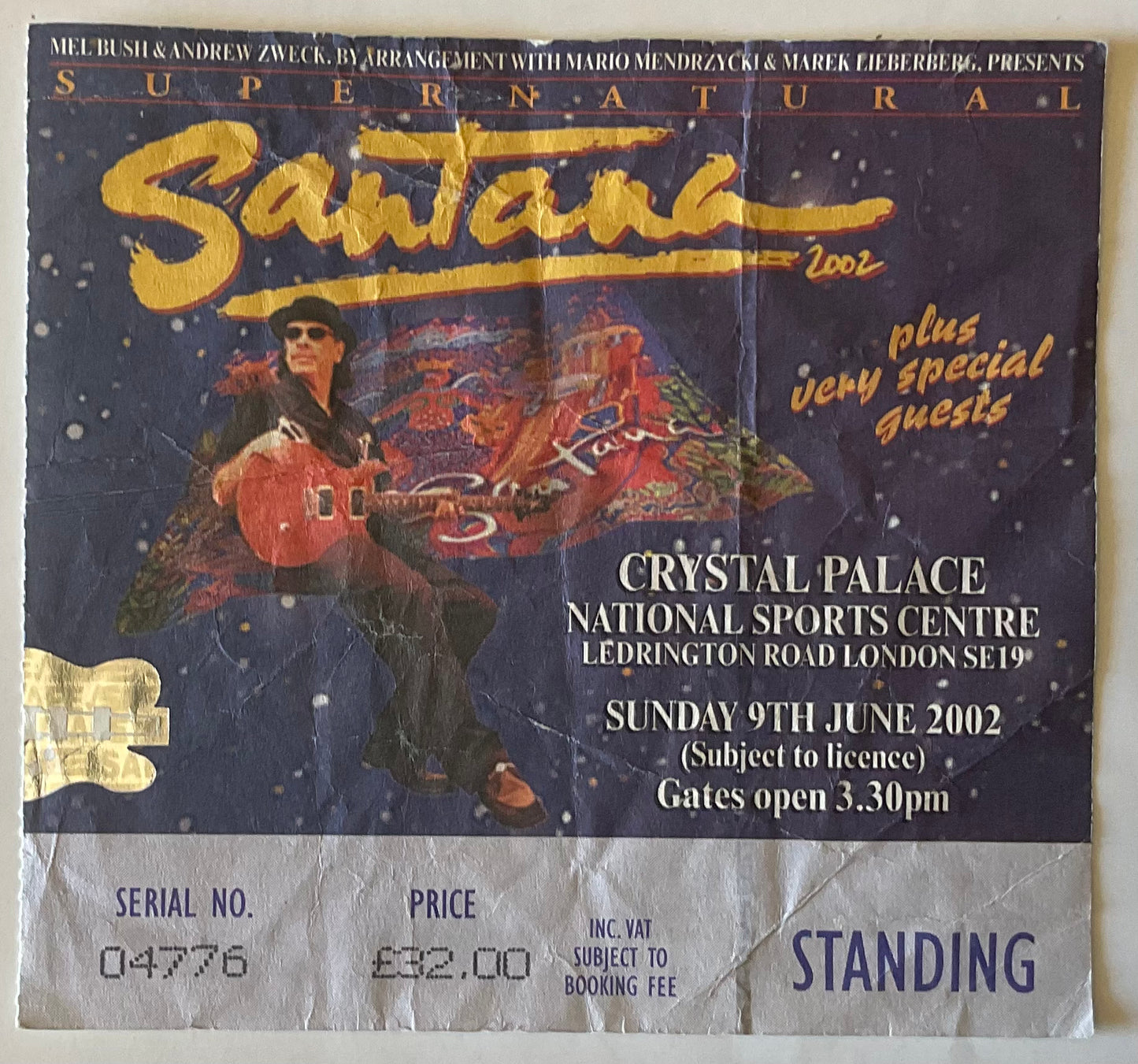 Santana Original Used Concert Ticket Crystal Palace National Sports Centre London 9th June 2002