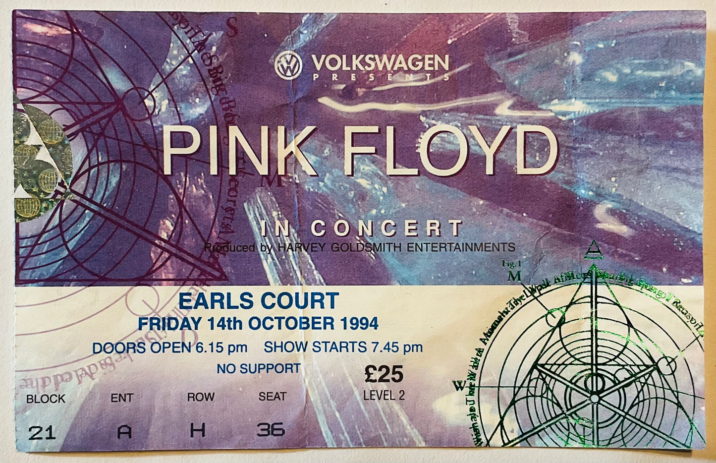 Pink Floyd Original Used Concert Ticket Earls Court London 14th Oct 1994