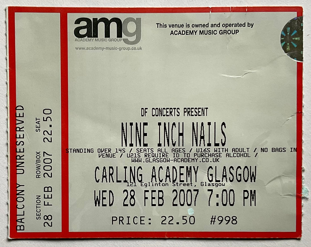 Nine Inch Nails Original Used Concert Ticket Carling Academy Glasgow 28th Feb 2007