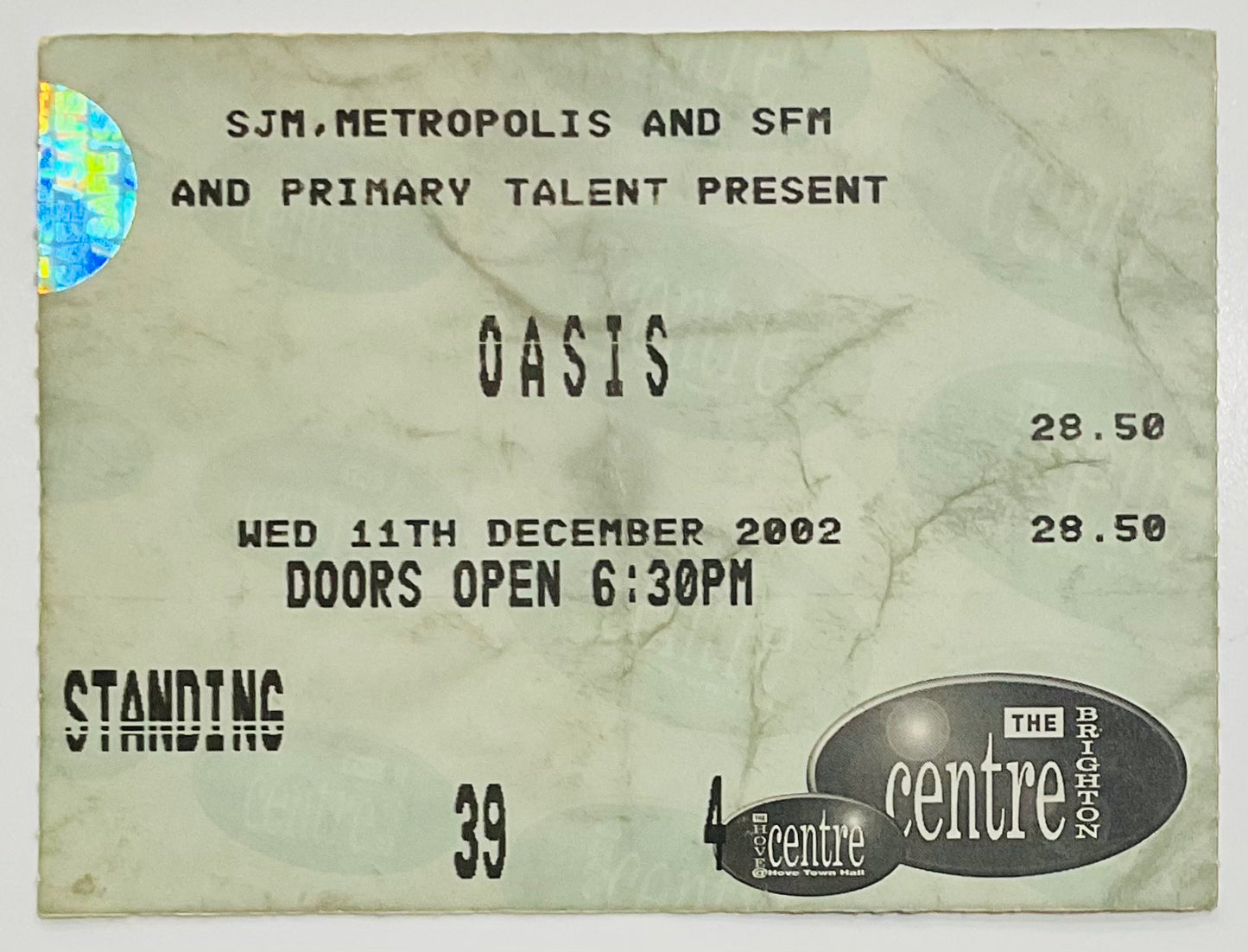 Oasis Original Used Concert Ticket The Brighton Centre 11th Dec 2002