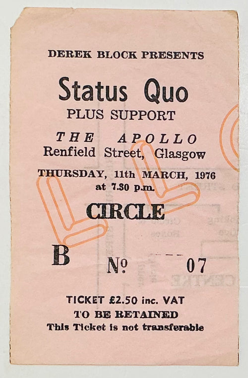 Status Quo Used Concert Ticket Apollo Theatre Glasgow 11th Mar 1976