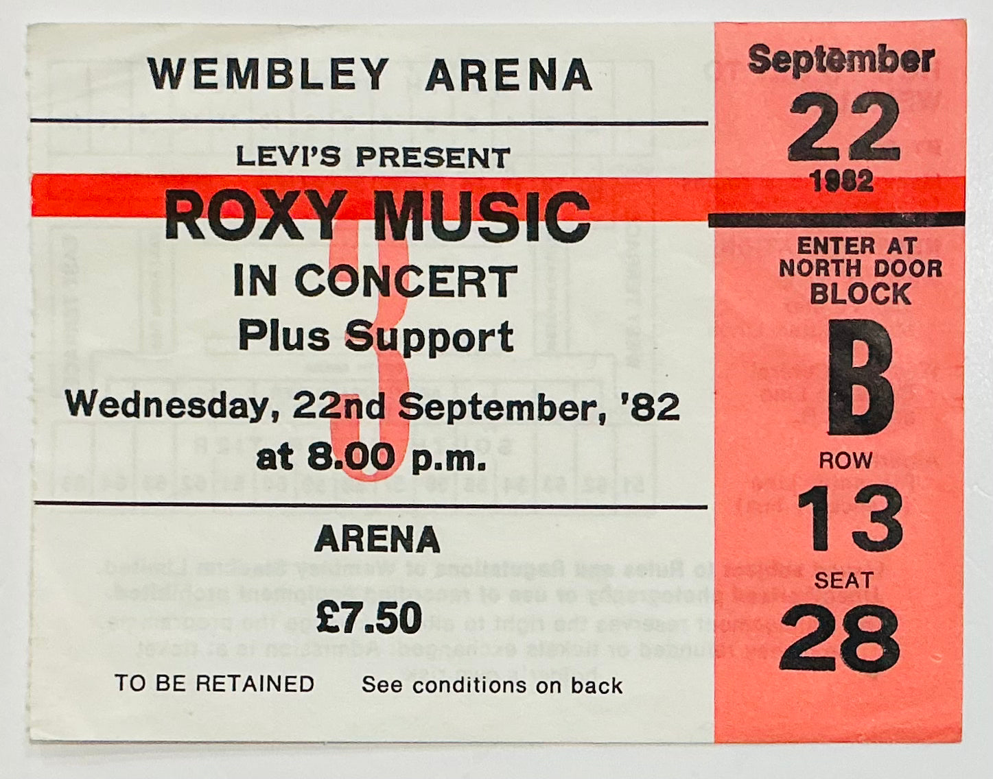 Roxy Music Original Used Concert Ticket Wembley London 22nd Sept 1982