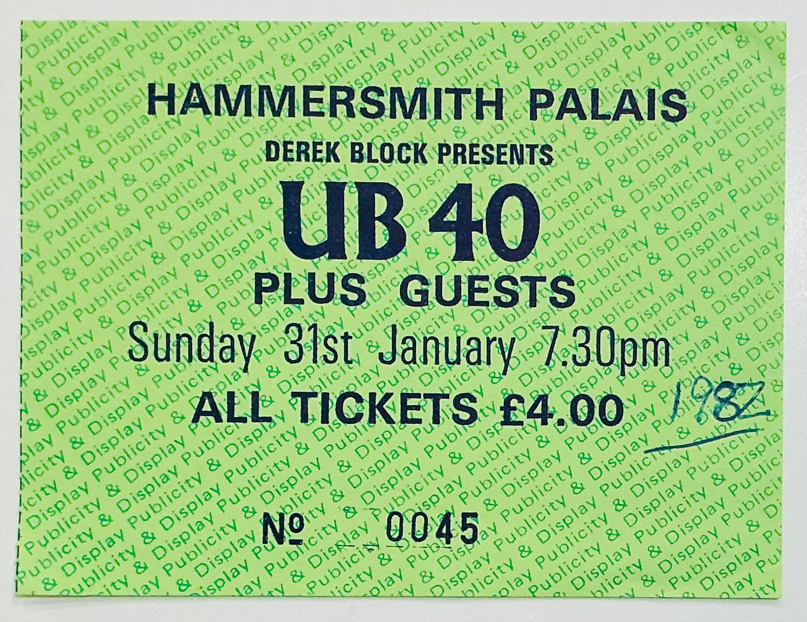 UB40 Original Used Concert Ticket Hammersmith Palais London 31st Jan 1982