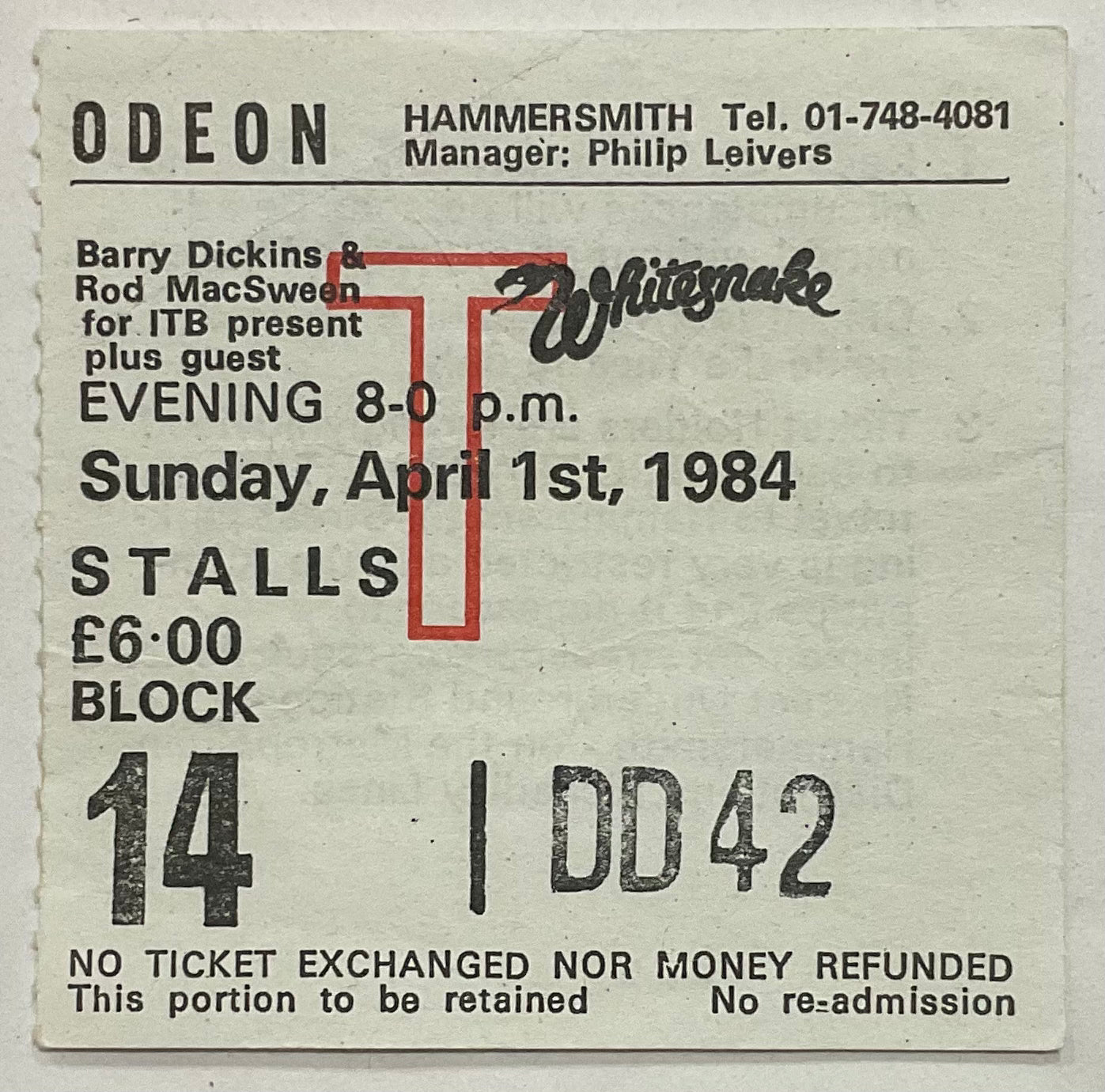 Whitesnake Original Used Concert Ticket Hammersmith Odeon London 1 Apr 1984