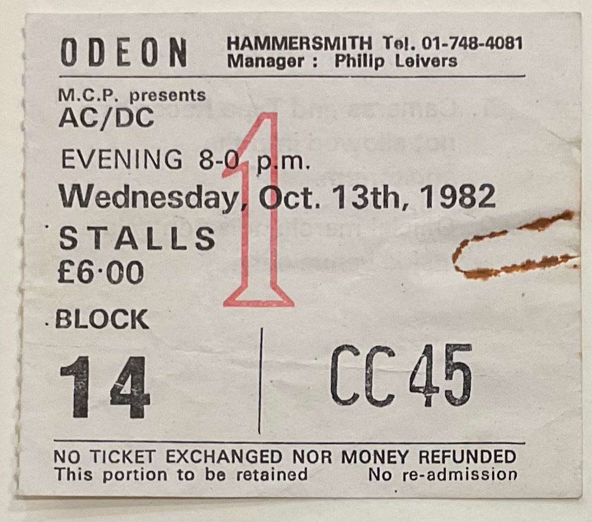 AC/DC Original Used Concert Ticket Hammersmith Odeon London 13th Oct 1982