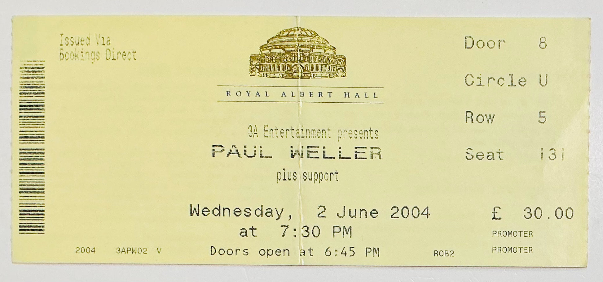 Jam Paul Weller Original Concert Ticket Royal Albert Hall London 2nd Jun 2004