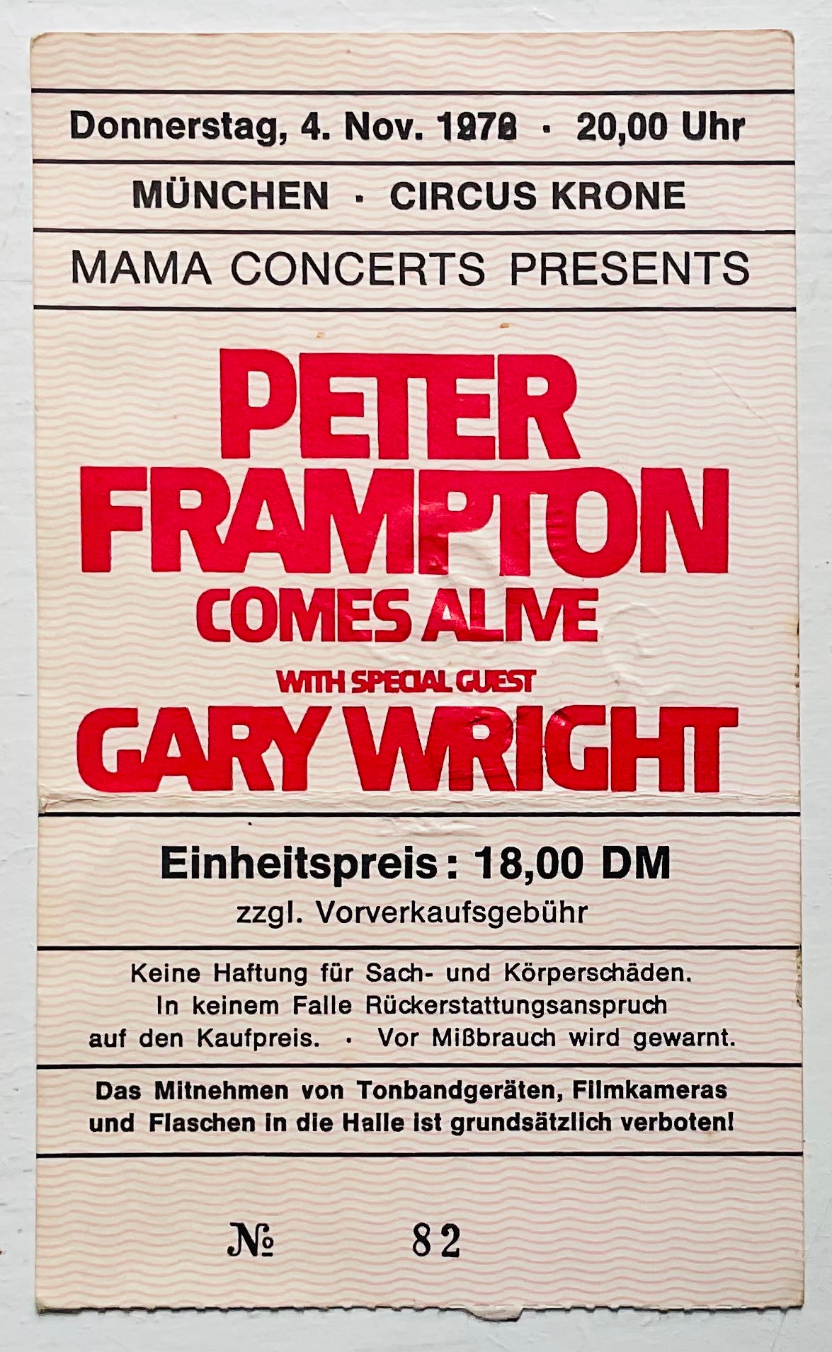 Peter Frampton Original Used Concert Ticket Circus Krone Munich 4th Nov 1976