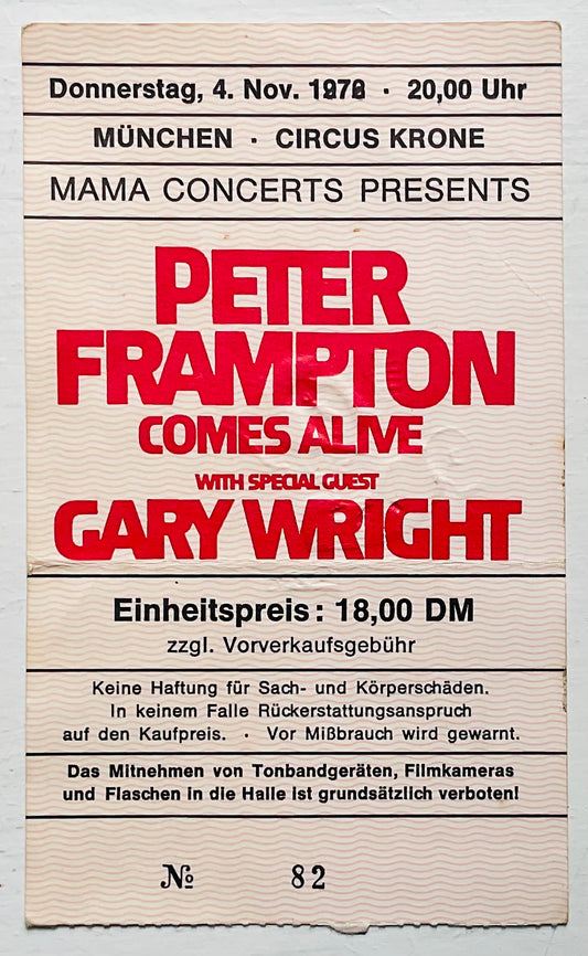 Peter Frampton Original Used Concert Ticket Circus Krone Munich 4th Nov 1976