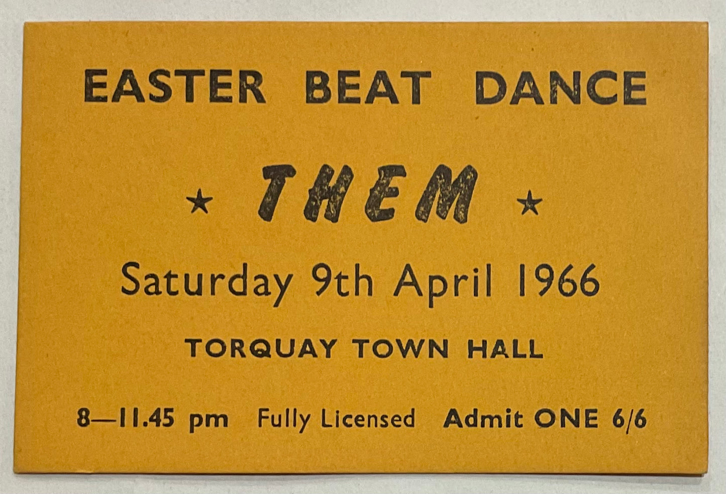 Them Van Morrison Original Used Concert Ticket Torquay Town Hall 1966