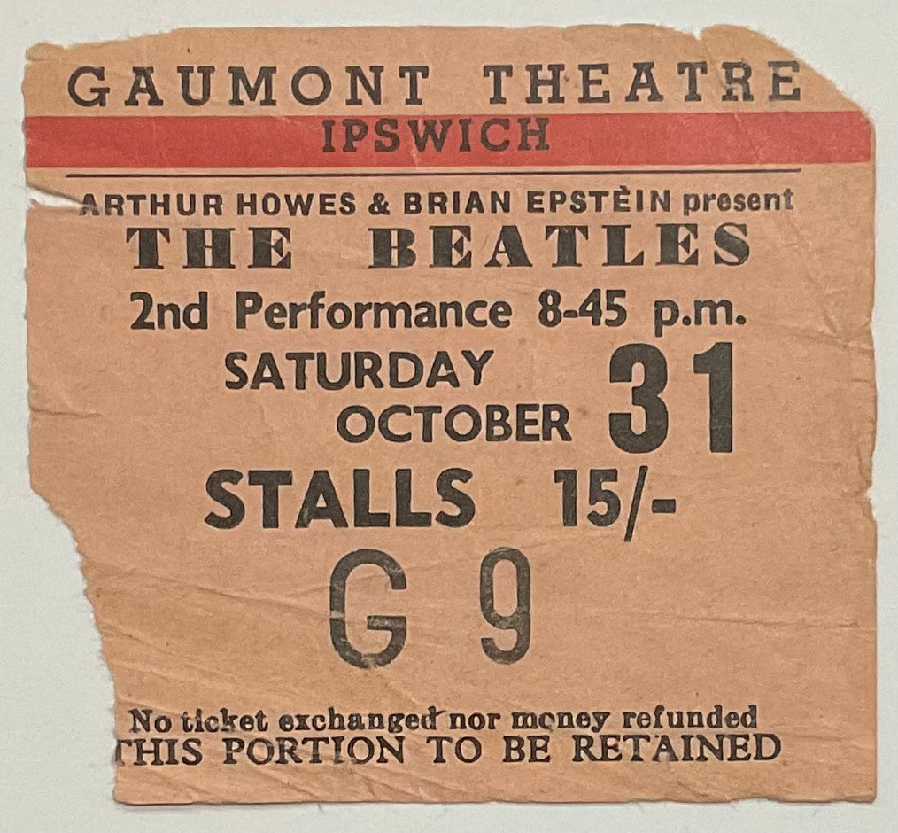 Beatles Original Used Concert Ticket Gaumont Theatre Ipswich 31st Oct 1964