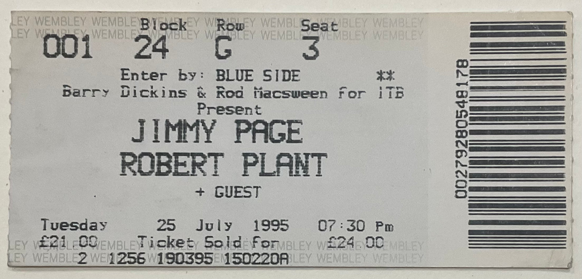 Led Zeppelin Robert Plant Jimmy Page Original Used Concert Ticket Wembley Arena London 25th July 1995