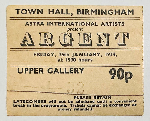 Argent Original Used Concert Ticket Town Hall Birmingham 25th Jan 1974