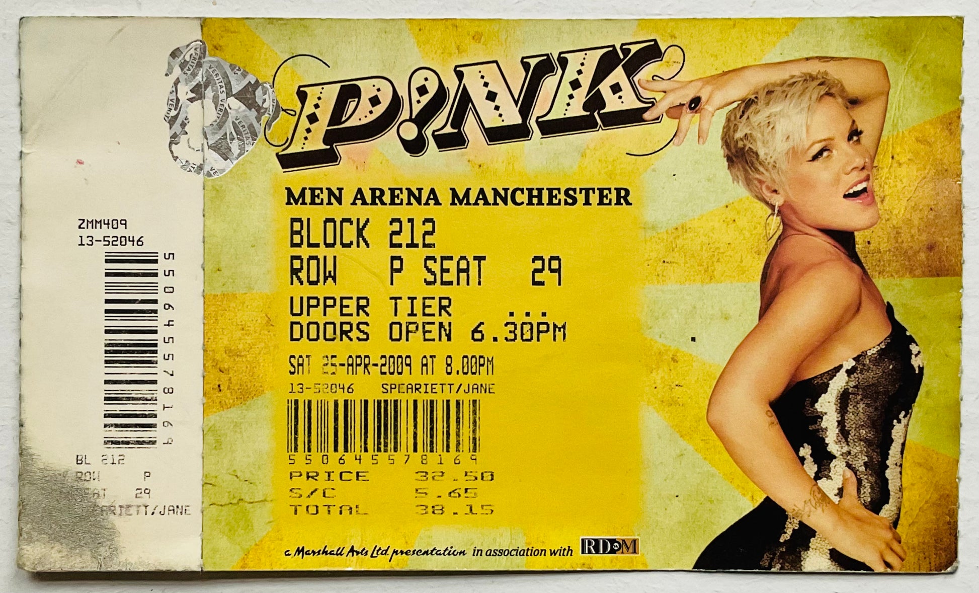 P!nk Pink Original Unused Concert Ticket MEN Arena Manchester 25th Apr 2009