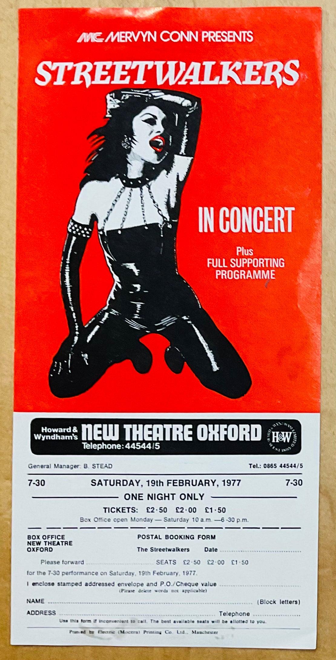 Streetwalkers Original Concert Handbill Flyer New Theatre Oxford 19th Feb 1977