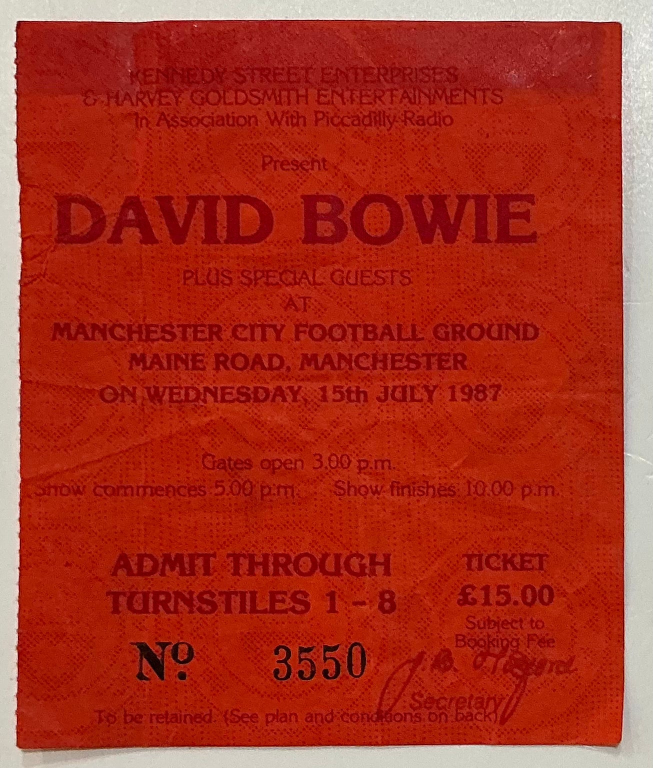 David Bowie Original Used Concert Ticket Manchester City Football Ground 15th July 1987